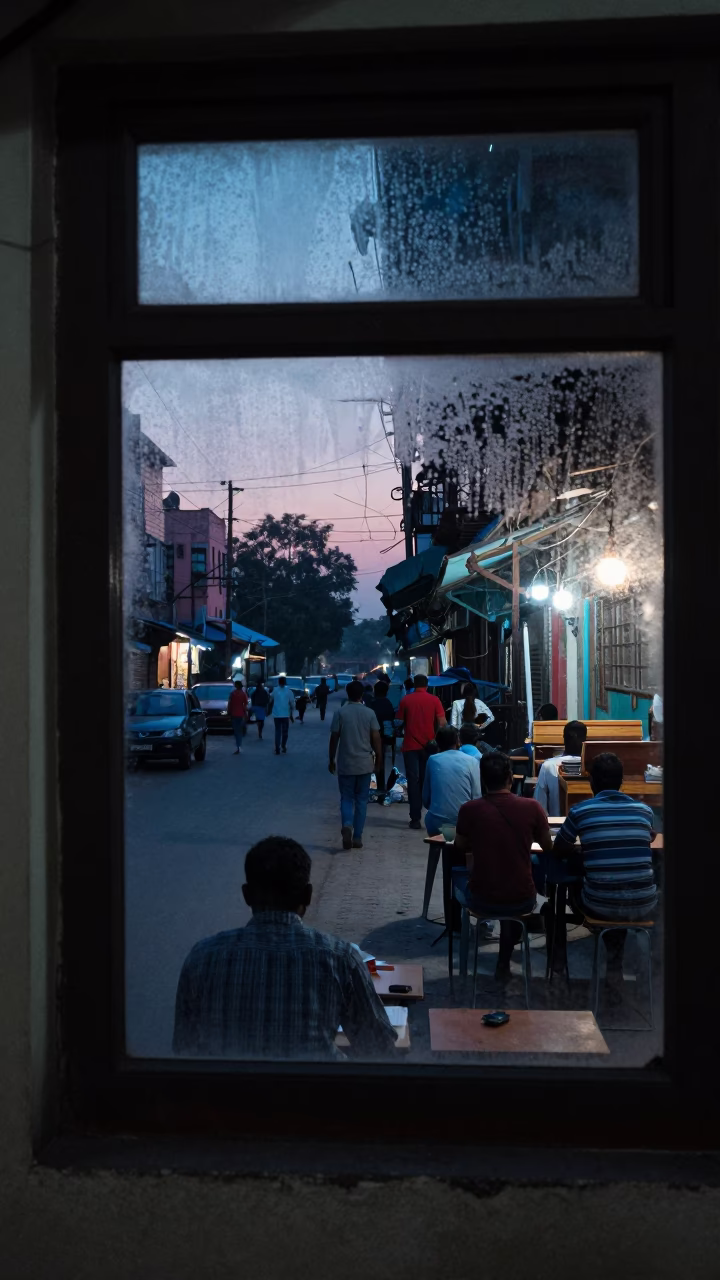 Delhi Blue Hour Street Scene with Condensation on Window and Local Life in in Delhi, India