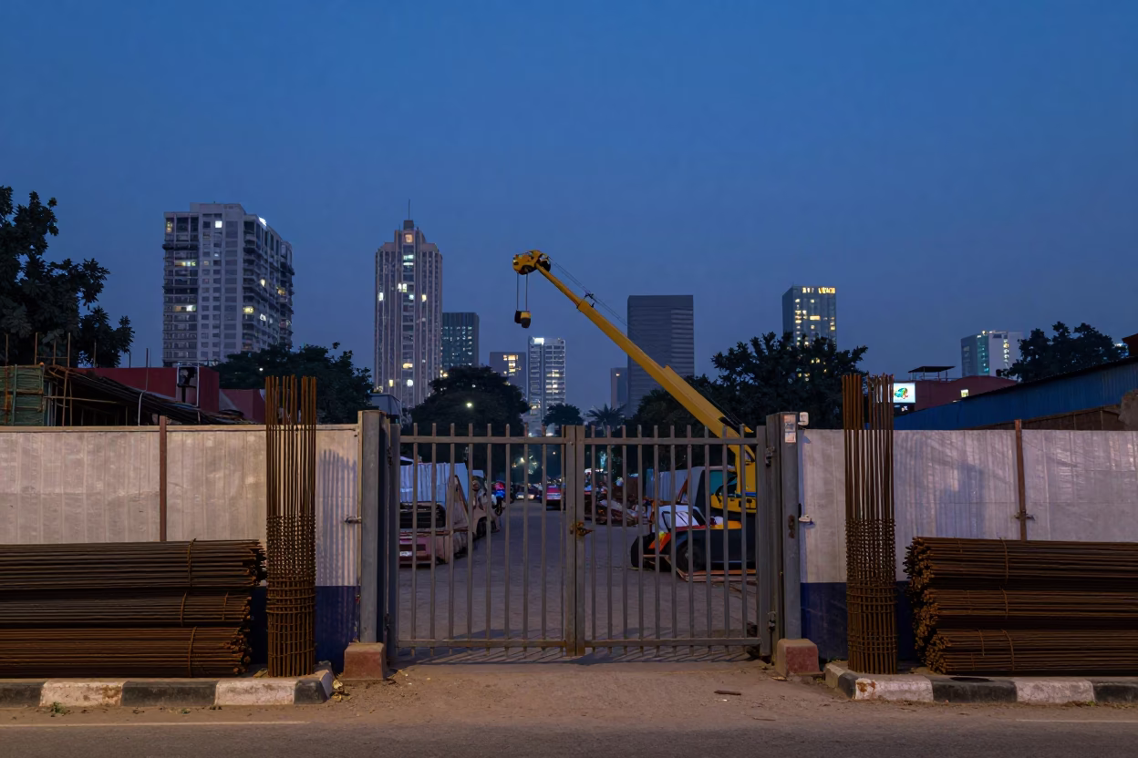 Delhi Blue Hour Street Scene with Construction Site and Urban Horizon in in Delhi, India