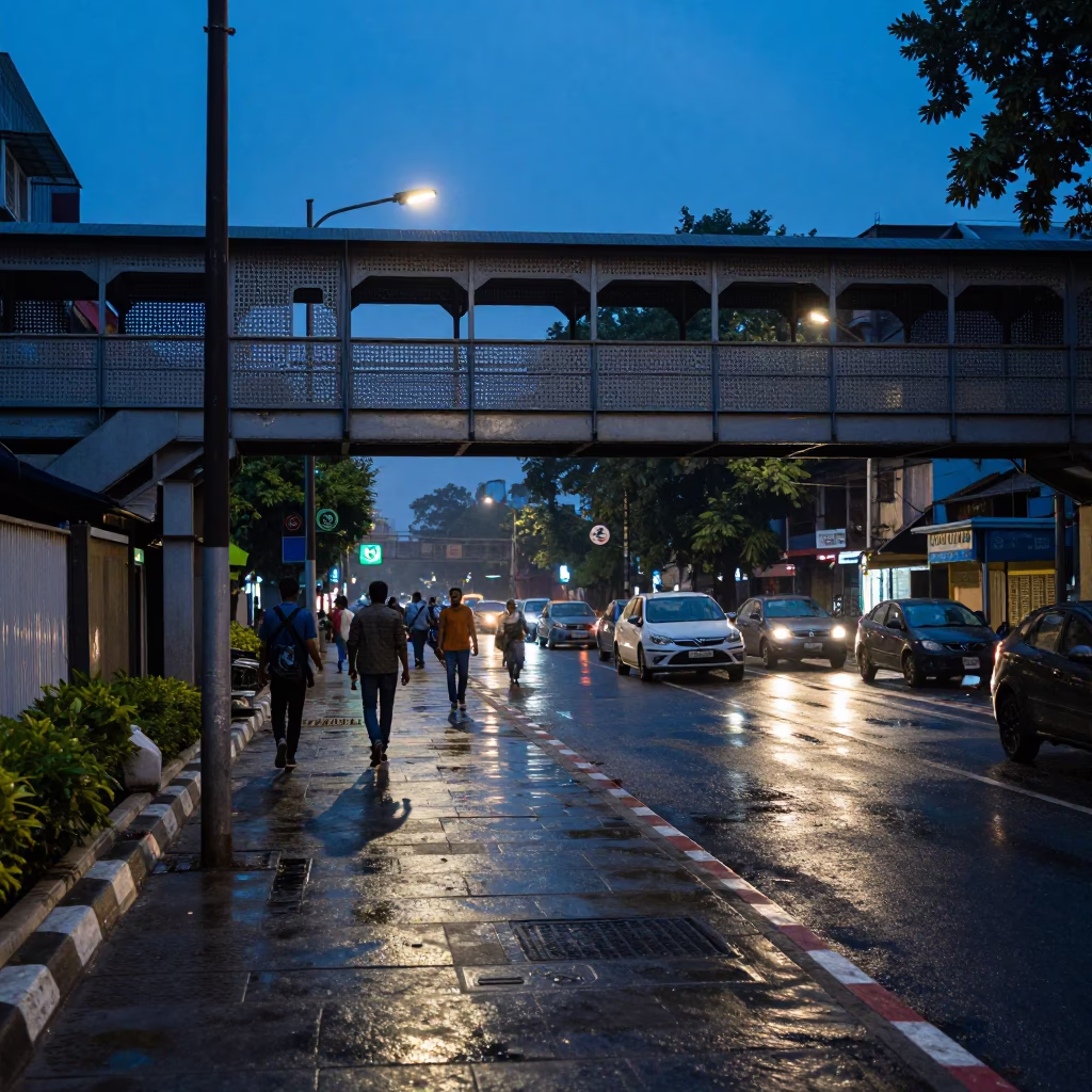 Delhi Blue Hour Street Scene with Metal Pedestrian Overpass and Wet Footsteps in in Delhi, India