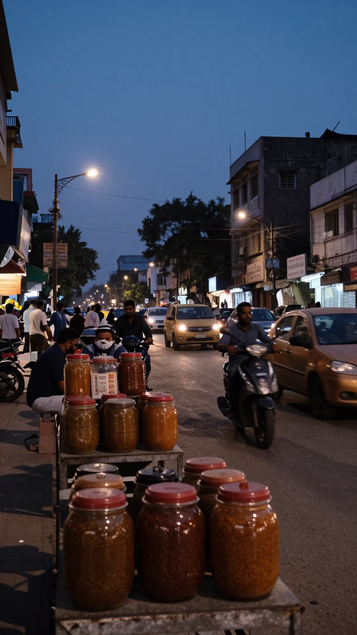 Delhi Blue Hour Street Scene with Spice Jars and Urban Life in in Delhi, India