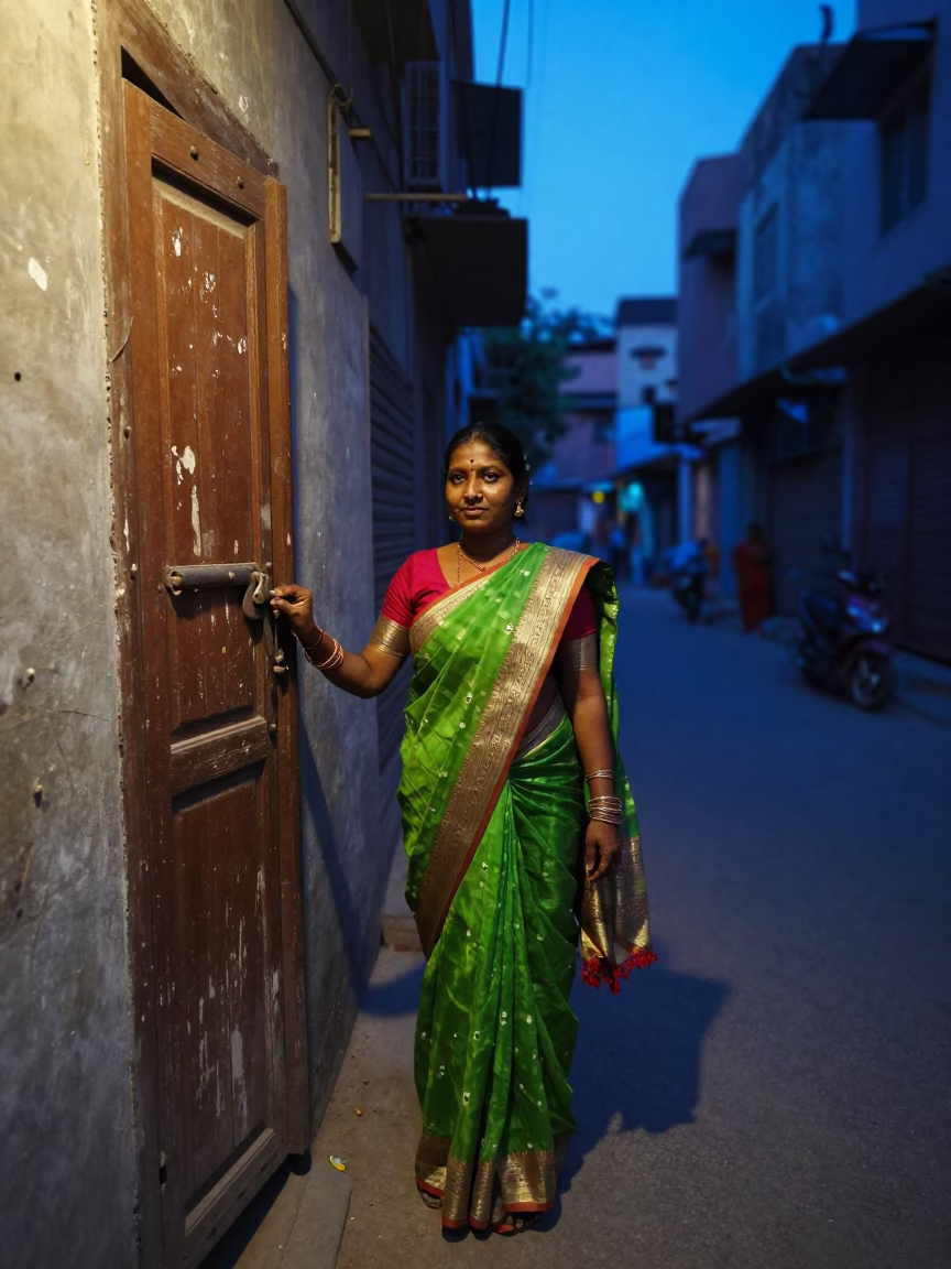 Delhi Blue Hour Street Scene with Vibrant Saree and Lived-In Urban Details in in Delhi, India