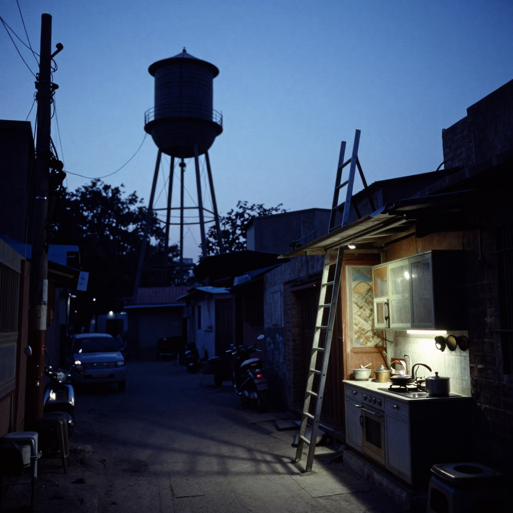 Delhi Blue Hour Street Scene with Water Tower and Kitchen Utensils in in Delhi, India