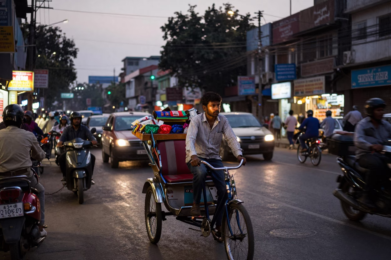 Delhi Busy Street at Indigo Twilight After Sunset in in Delhi, India