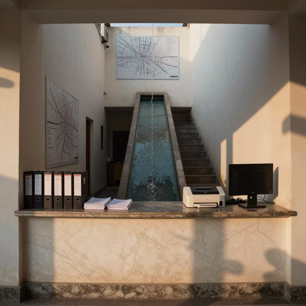 Delhi Concierge Desk Dawn Water Flows Uphill in in a quiet guest corridor in Delhi