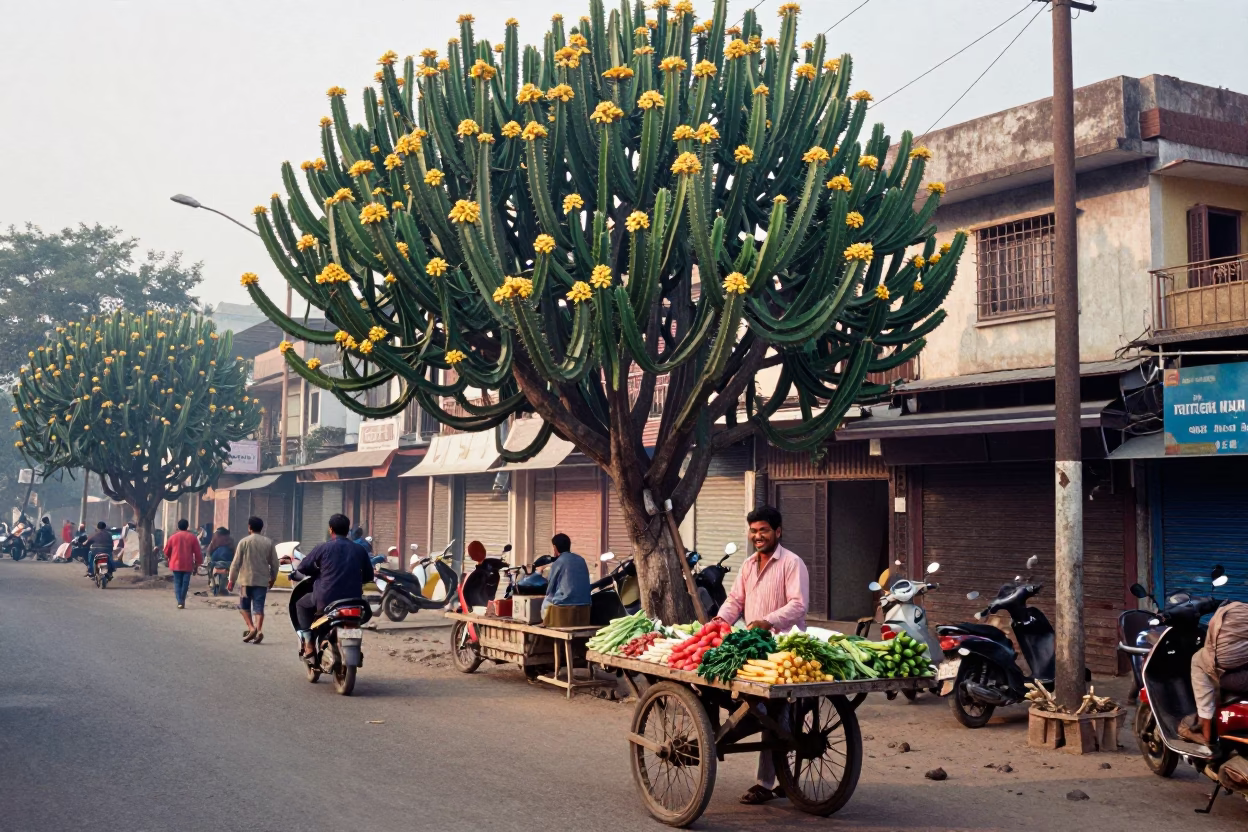 Delhi Early Morning Street Scene with Euphorbia Candelabra Tree and Blue Sky in in Delhi, India