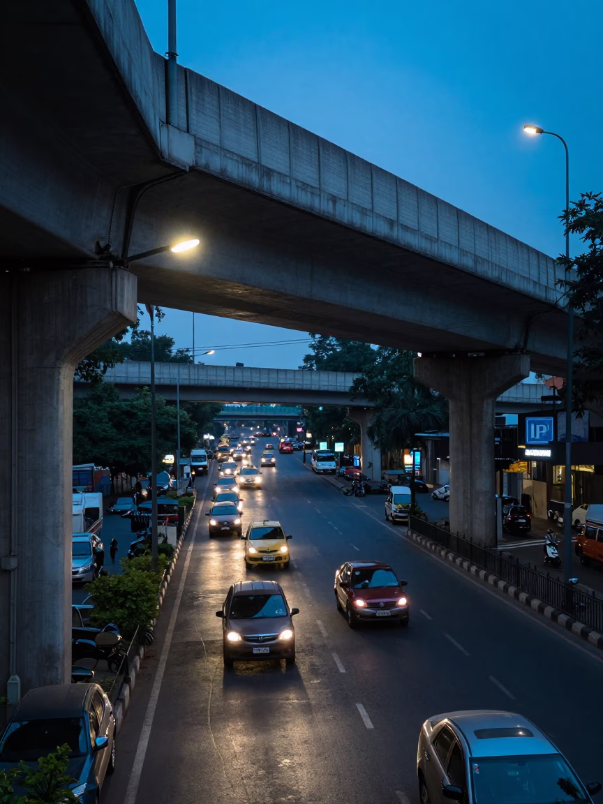 Delhi Evening Blue Hour Street Scene with Traffic and Local Life in in Delhi, India