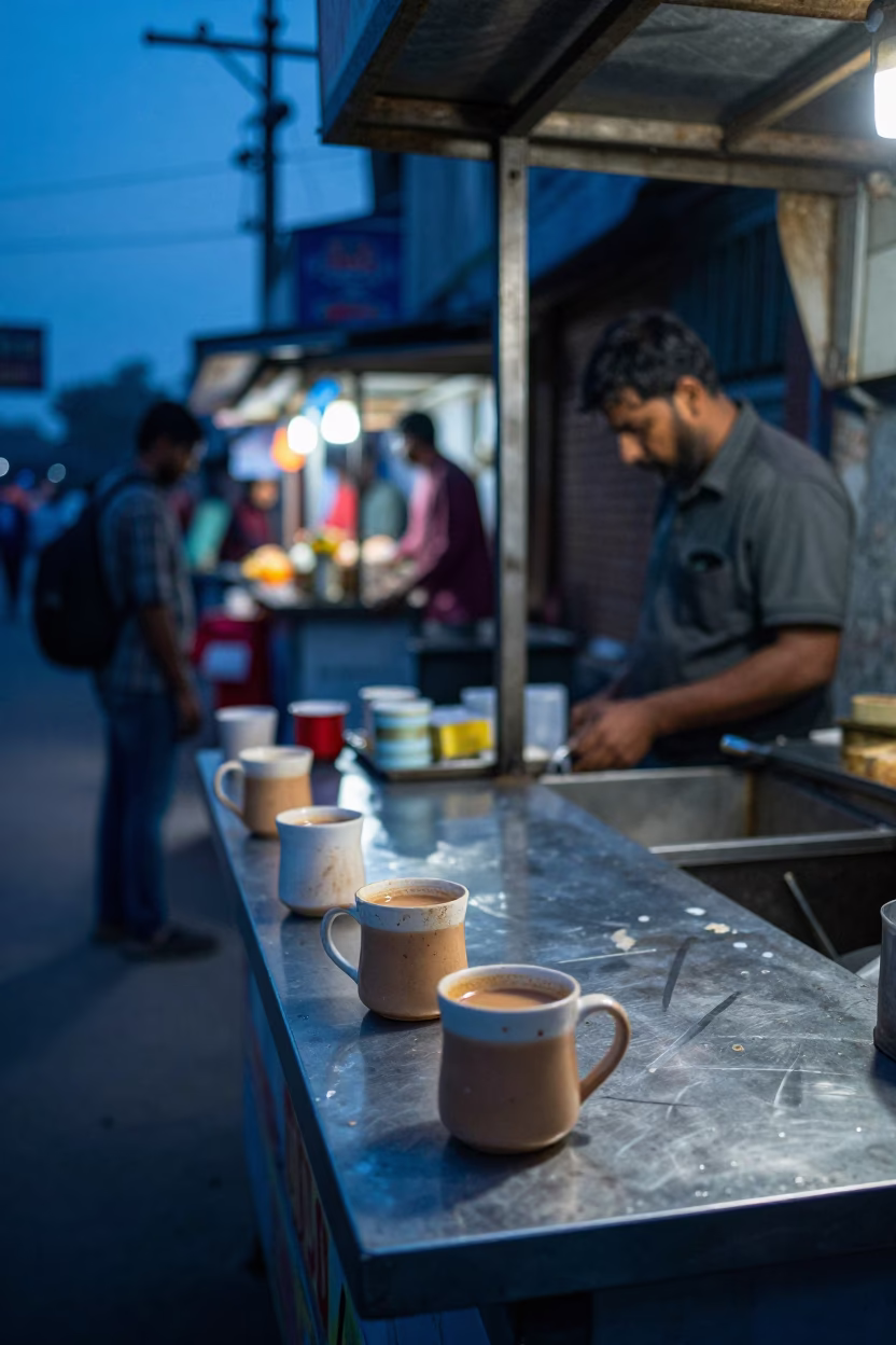 Delhi Evening Street Food Stall with Chai Tea and Local Dining Scene in in Delhi, India