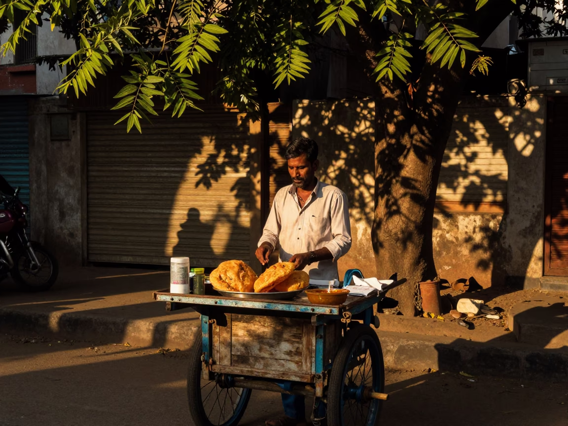 Delhi Evening Street Scene with Aloo Tikki and Chutney in Honeyed Light in in Delhi, India