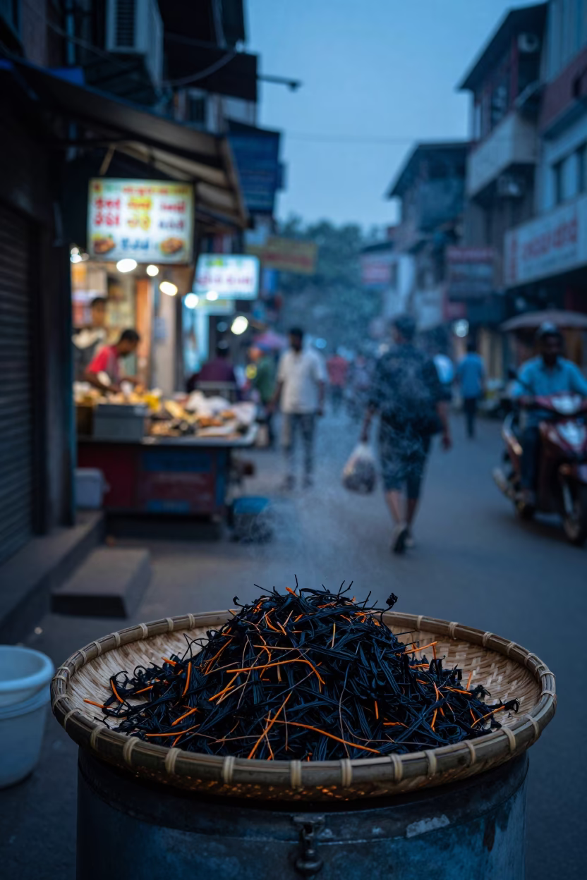 Delhi Evening Street Scene with Bamboo Tray of Char Siu Bao and Wicker Shadow in in Delhi, India