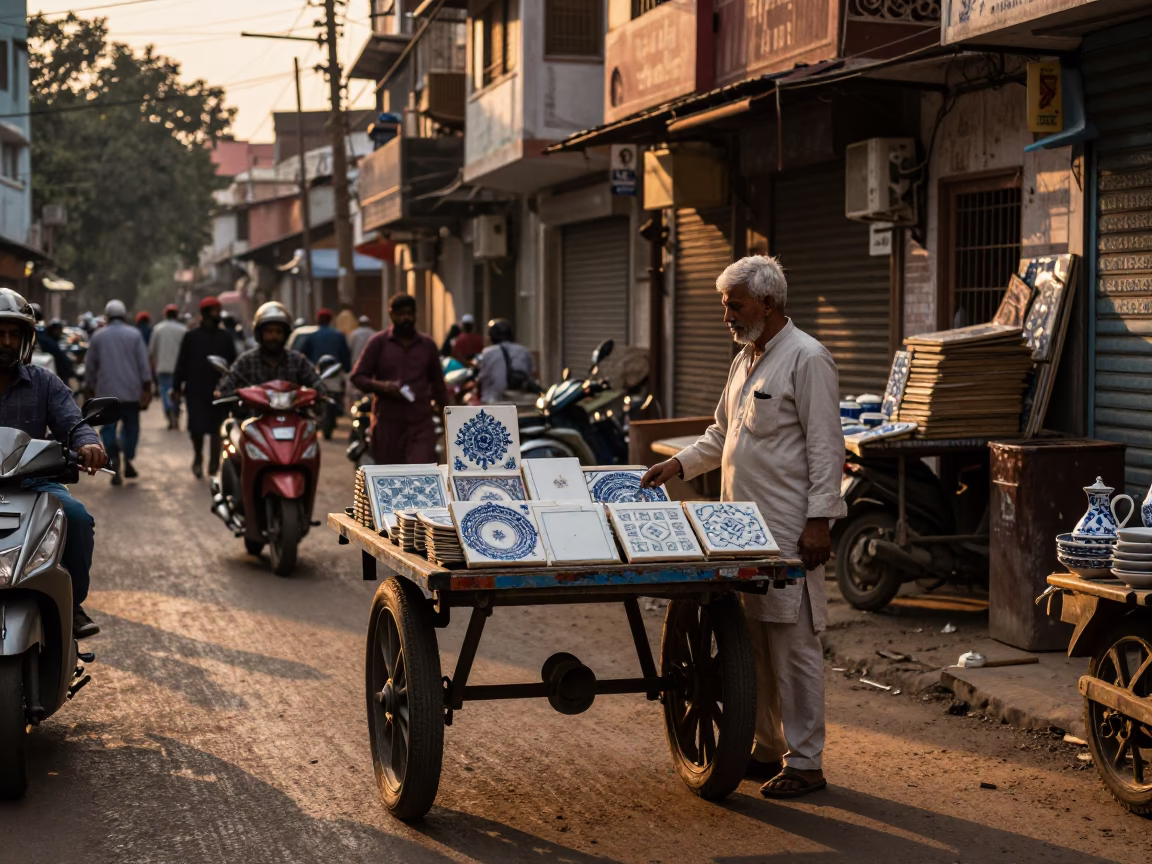 Delhi Evening Street Scene with Ceramic Tiles and Porcelain Jar in Honeyed Light in in Delhi, India