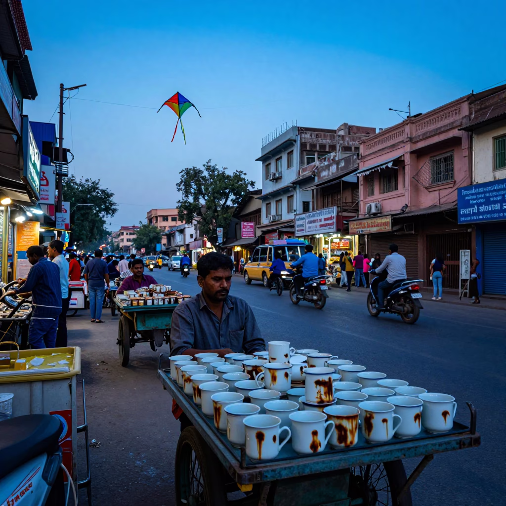 Delhi Evening Street Scene with Colorful Kites and Tea Stains in in Delhi, India