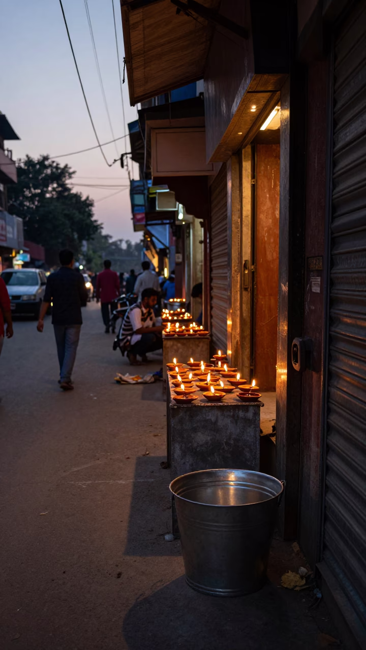 Delhi Evening Street Scene with Diwali Oil Lamps and Traditional Decor in in Delhi, India