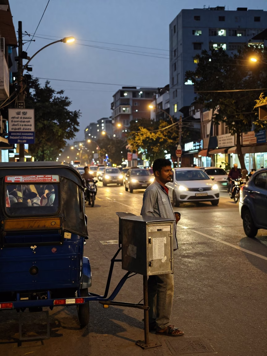 Delhi Evening Street Scene with Glowing City Lights and Local Market Details in in Delhi, India