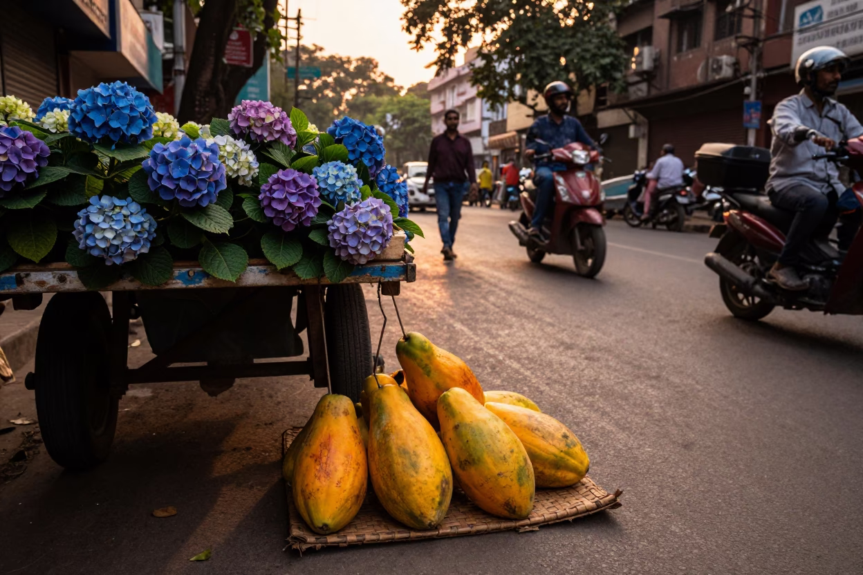 Delhi Evening Street Scene with Hydrangeas and Papayas in Honeyed Light in in Delhi, India