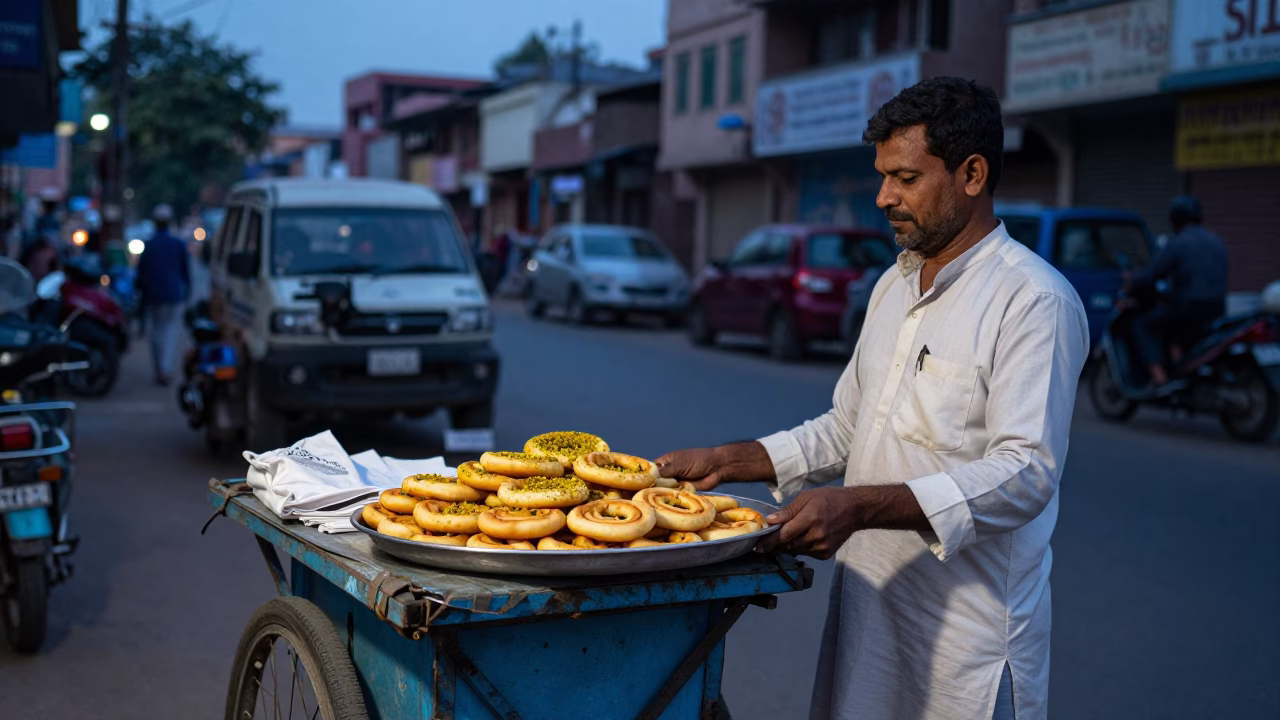 Delhi Evening Street Scene with Mandazi Vendor and Traditional Broom at Blue Hour in in Delhi, India