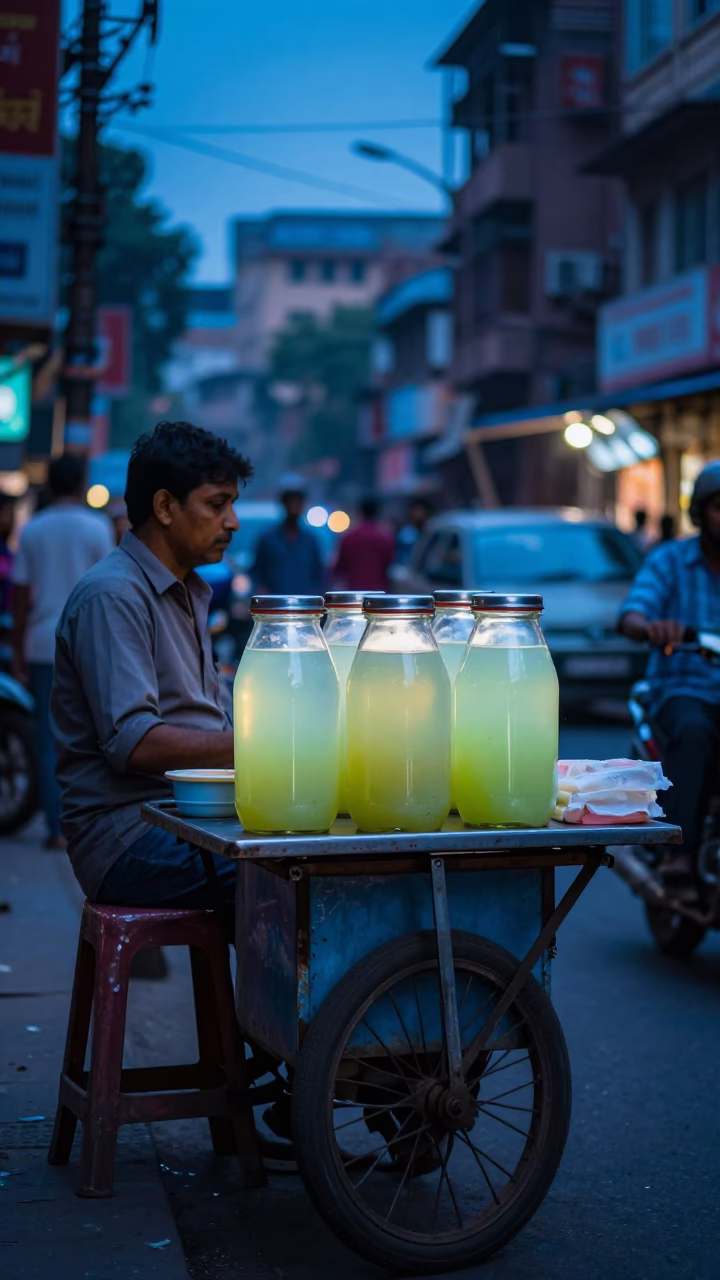 Delhi Evening Street Scene with Sugarcane Juice Vendor and Commuter Train in Background in in Delhi, India