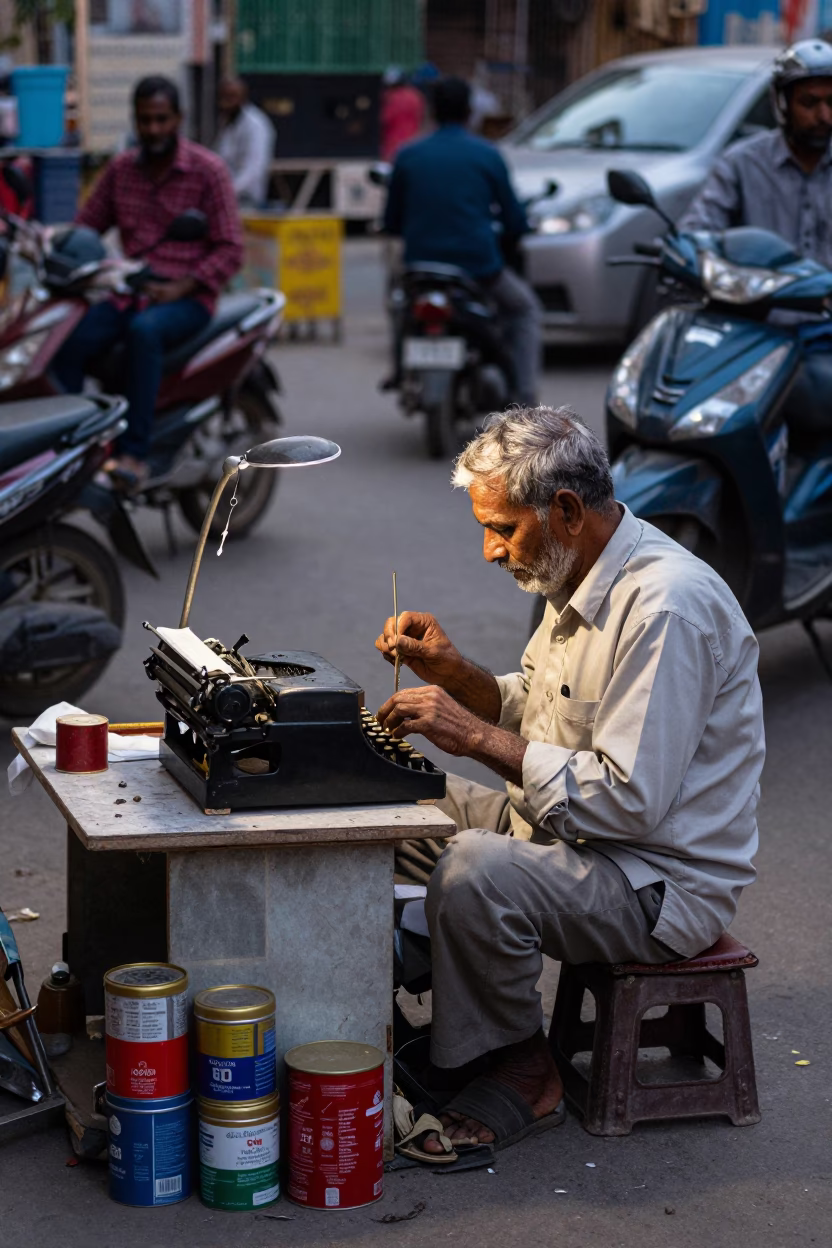 Delhi Evening Street Vendor Repairing Typewriters with Storage Tins and Tin Boxes in in Delhi, India