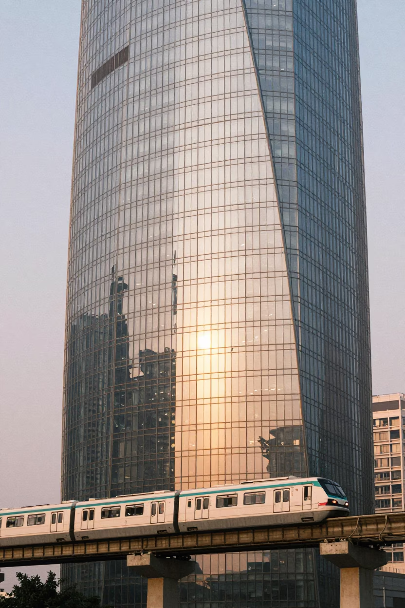 Delhi First Light Monorail Reflection Glass Skyscraper Urban India Morning in in Delhi, India