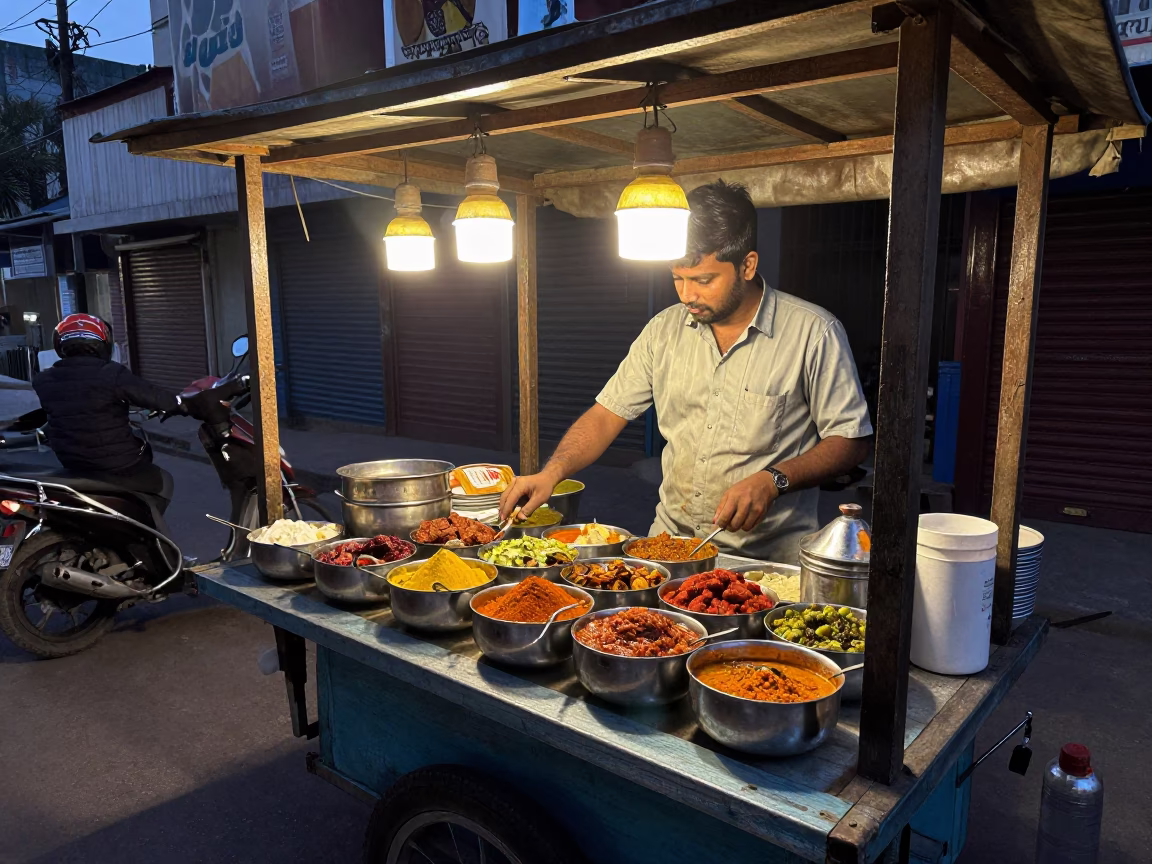 Delhi Food Stall at The Early Evening Light in in Delhi, India
