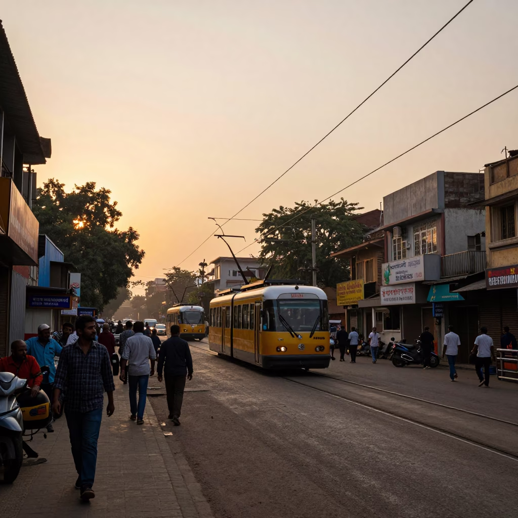 Delhi Golden Hour Street Scene with Funicular Railway and Local Life in in Delhi, India