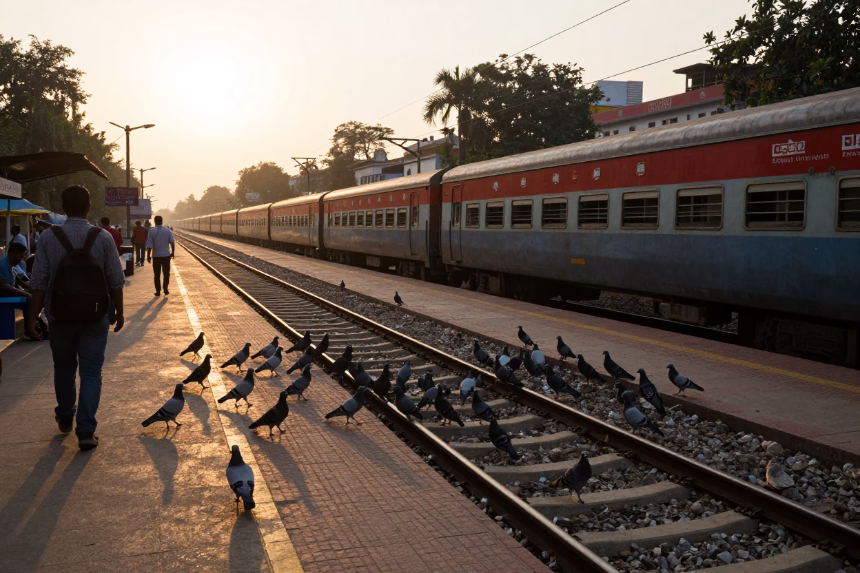 Delhi Golden Hour Street Scene with Pigeons and Commuter Train Platform in in Delhi, India