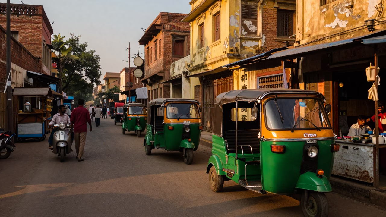 Delhi Heritage Evening Street Scene with Vintage Auto-Rickshaw and Traditional Lassi in in Delhi, India