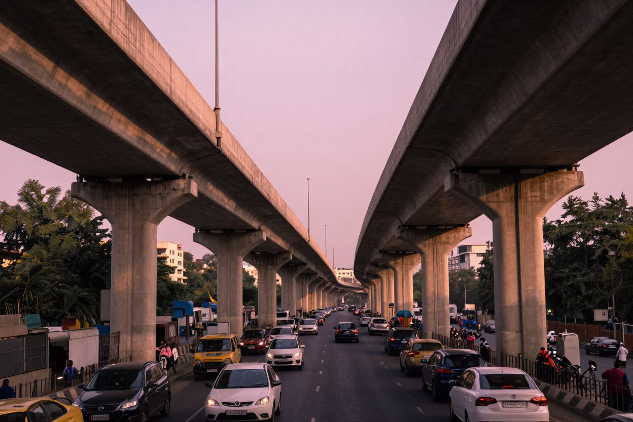 Delhi Highway Flyover at Golden Hour with Street Life and Traffic in in Delhi, India