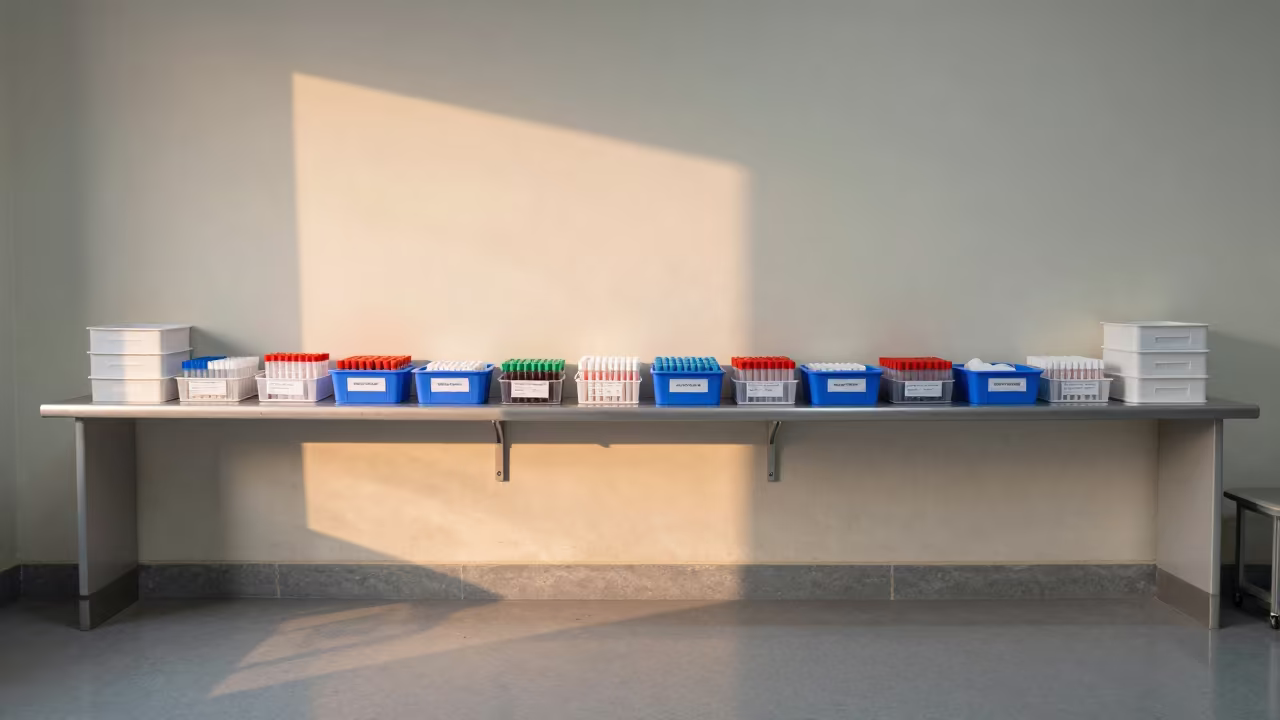 Delhi Hospital Specimen Desk at First Light in in a surgical prep area in Delhi