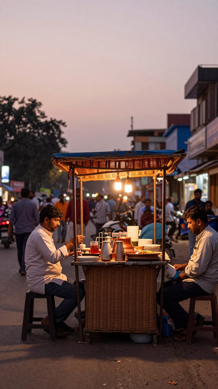 Delhi India Before Dusk Copper Light Street Scene with Wicker Shadow and Steel Stool in in Delhi, India