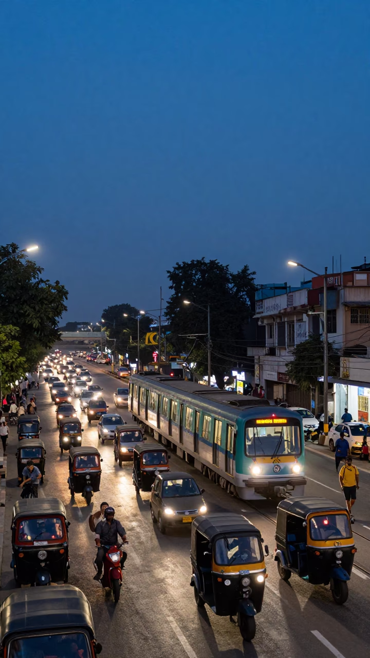 Delhi India Blue Hour Street Scene with Metro Train and Traffic in in Delhi, India