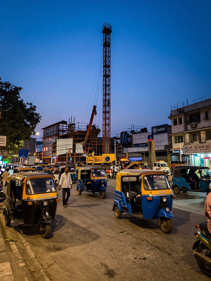 Delhi India Blue Hour Street Scene with Pile Driver Construction Site and Urban Activity in in Delhi, India