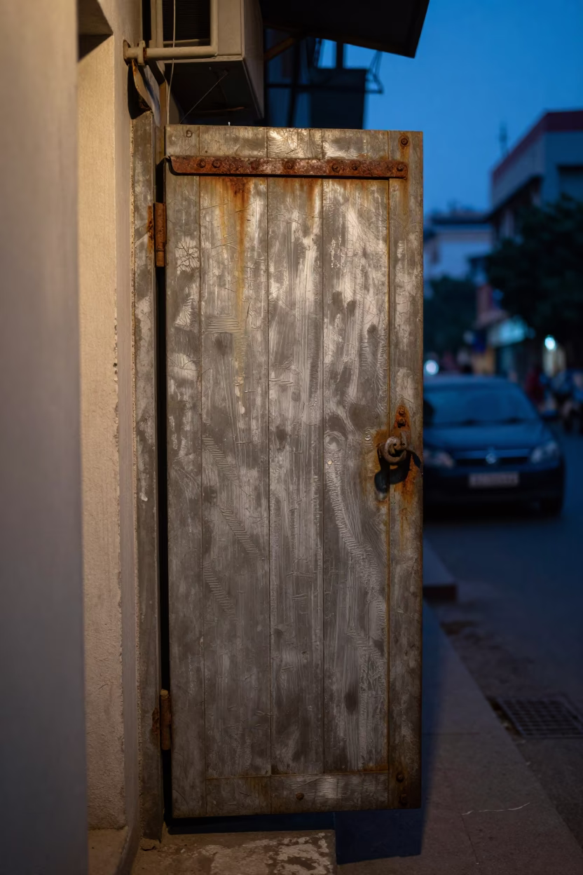 Delhi India Blue Hour Street Scene with Rusty Hinge and Brushed Steel Bench in in Delhi, India
