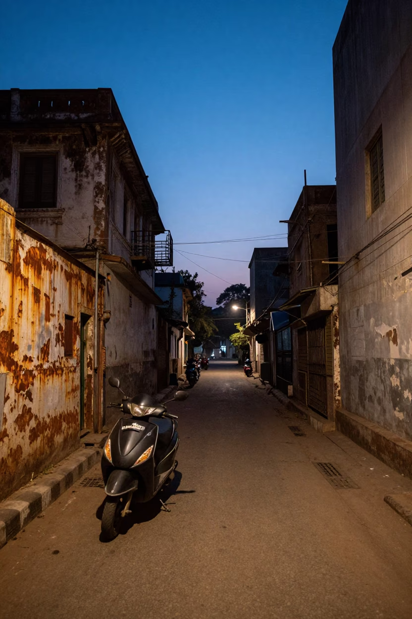 Delhi India blue hour street scene with scooter and rusted walls in in Delhi, India