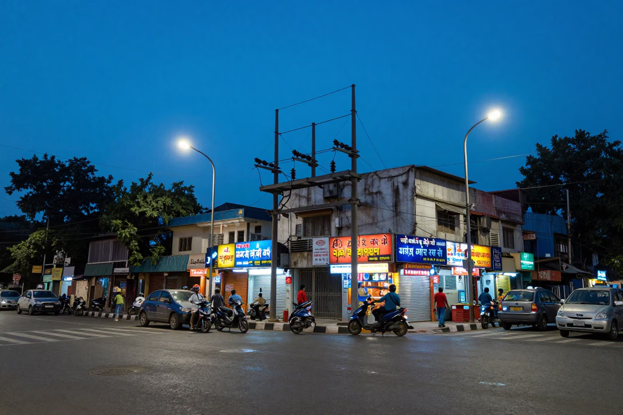 Delhi India Blue Hour Street Scene with Substation Insulators and Local Life in in Delhi, India