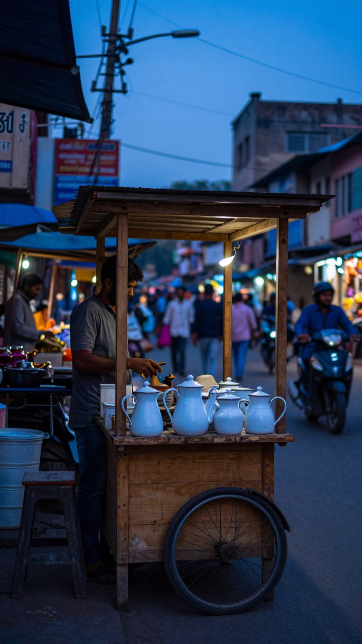 Delhi India Blue Hour Street Scene with Wooden Stall and Enamel Pitcher in in Delhi, India