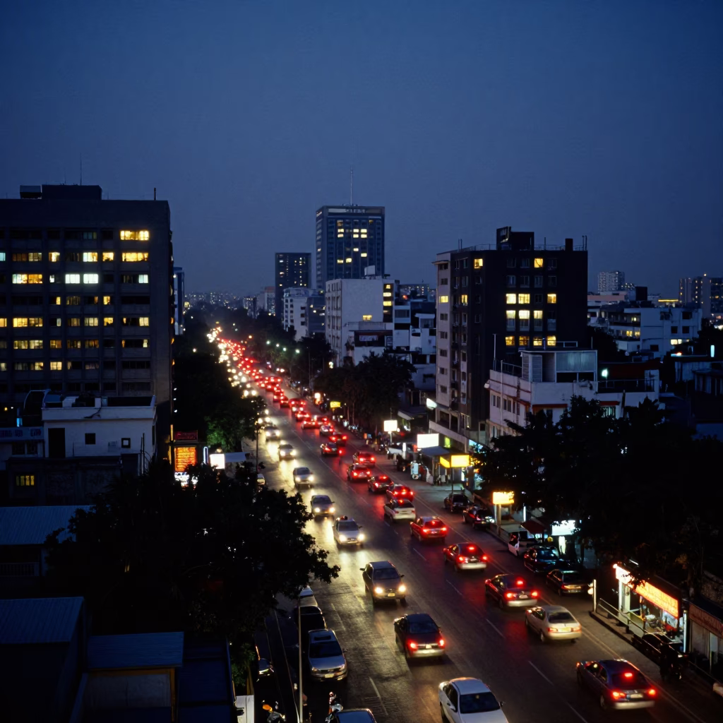 Delhi India Cityscape at Dusk with Traffic and Traditional Signage in in Delhi, India