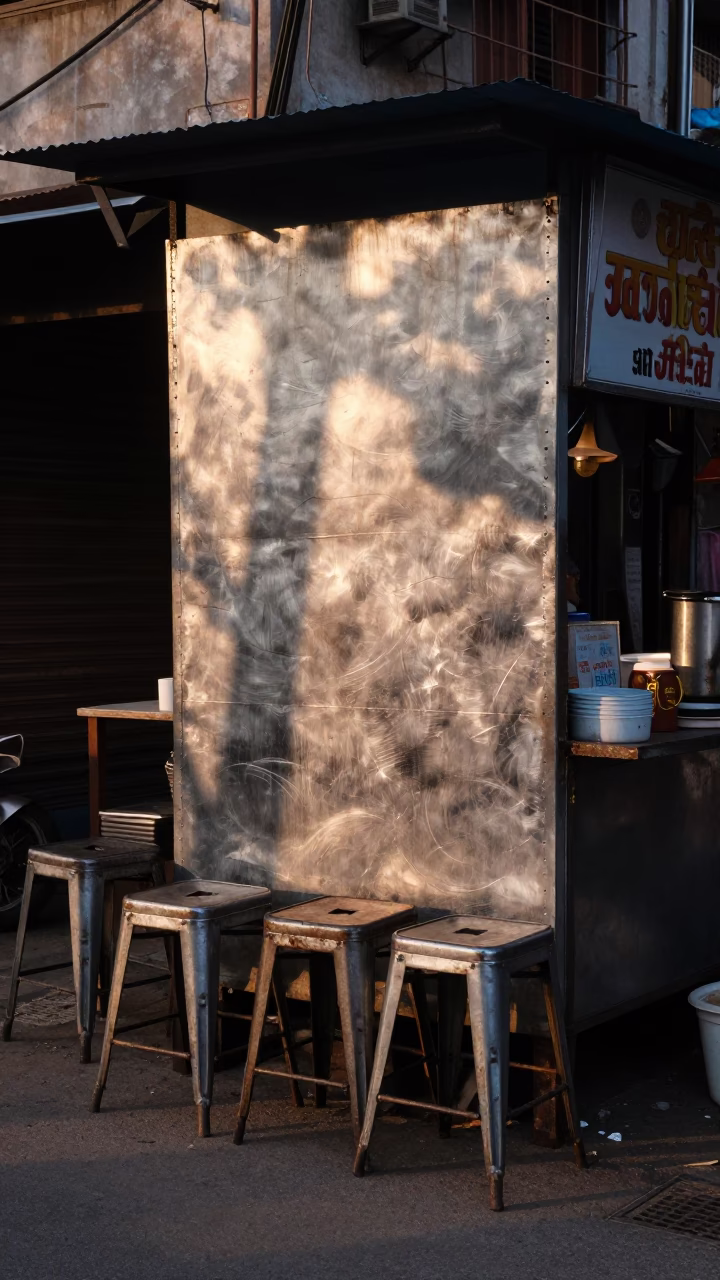 Delhi India Dawn Street Scene with Brushed Steel Wall and Metal Stools in in Delhi, India