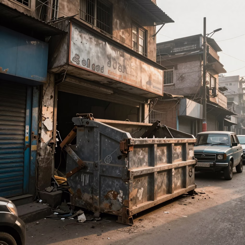 Delhi India Dawn Street Scene with Demolition Dumpster and Vintage Vespa in in Delhi, India