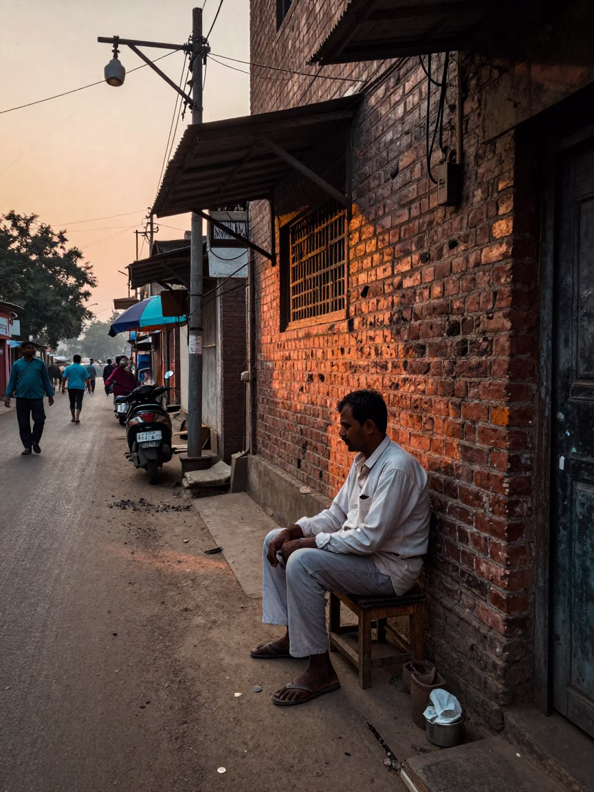 Delhi India Dawn Street Scene with Paint Flecks and Charcoal Stick on Stool in in Delhi, India