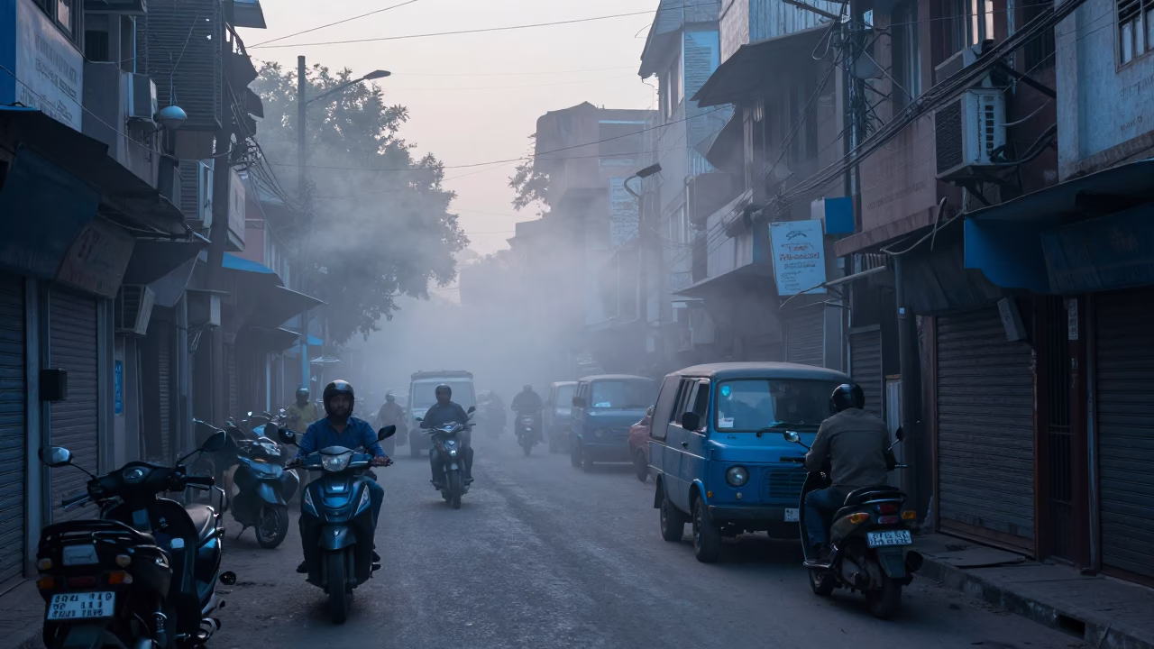 Delhi India Dawn Street Scene with Steam Haze and Condensation on Glass in in Delhi, India