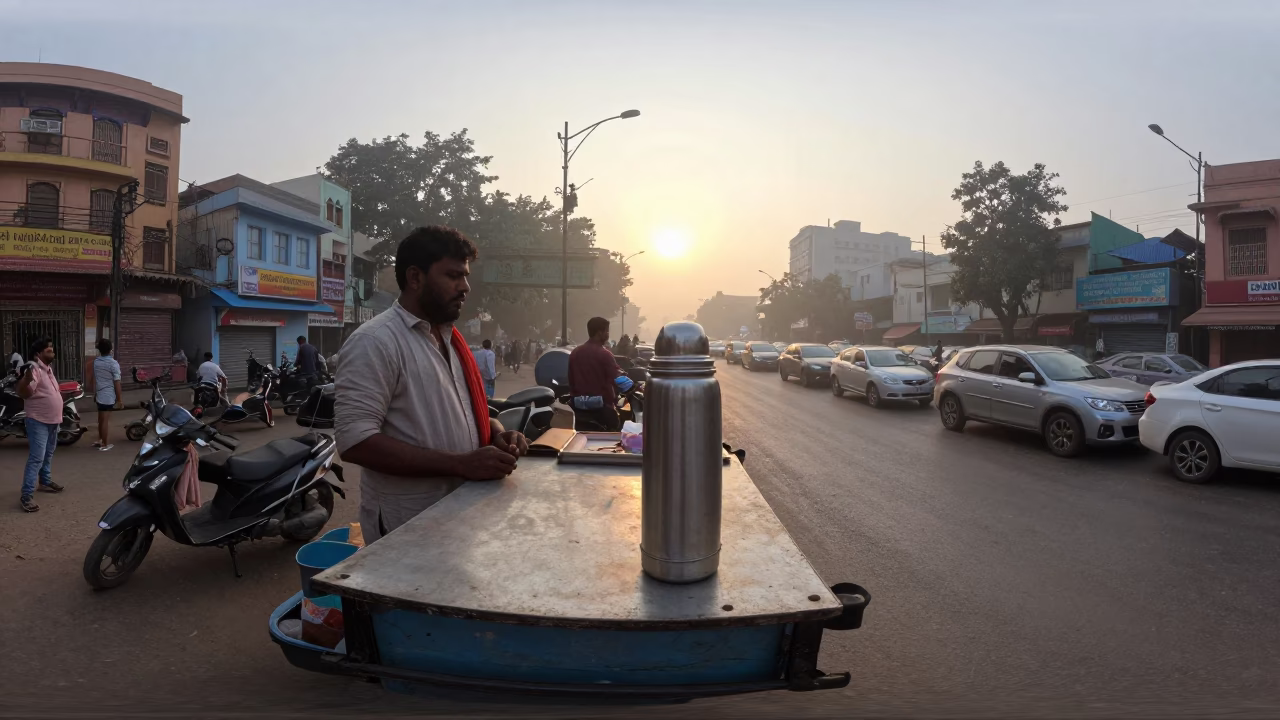 Delhi India Dawn Street Scene with Thermos and Morning Commute in in Delhi, India