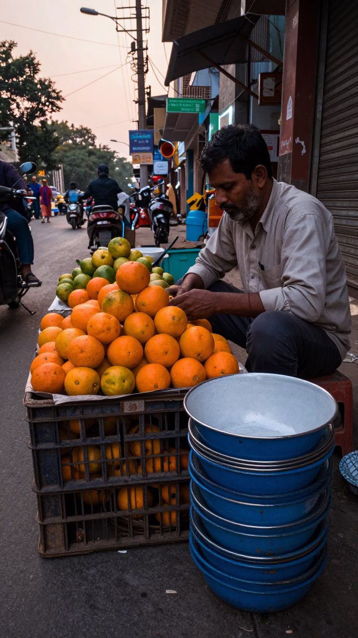 Delhi India Early Evening Street Scene with Fruit Crate and Enamel Bowls in in Delhi, India