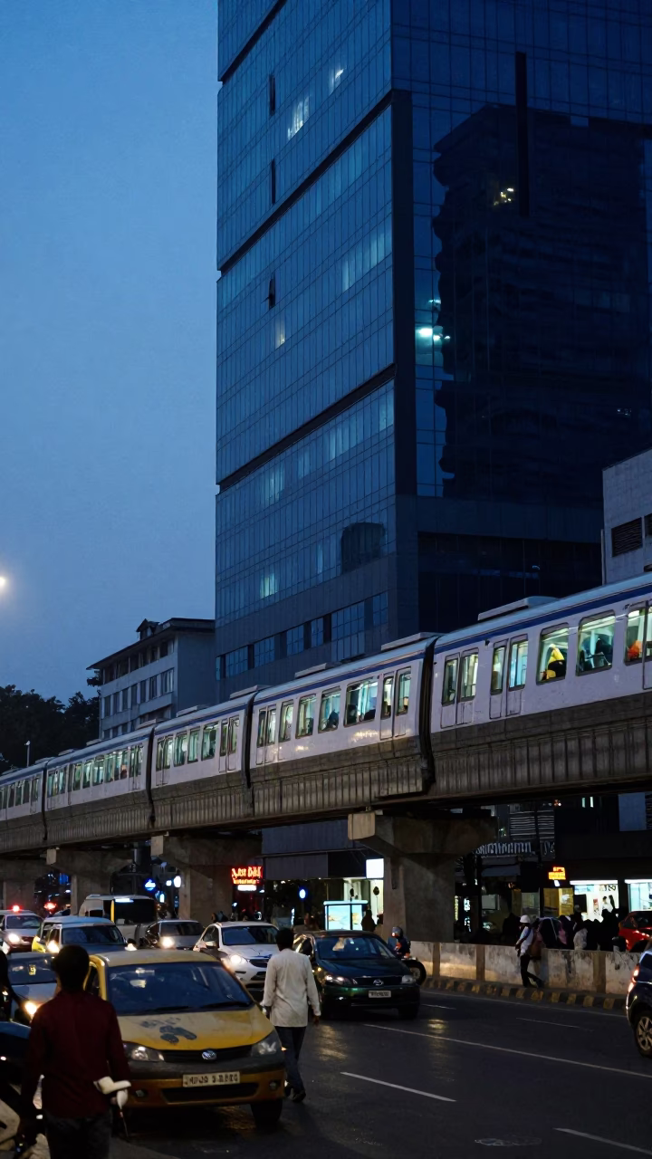 Delhi India Evening Street Scene with Monorail Reflection in Glass Skyscraper Window in in Delhi, India