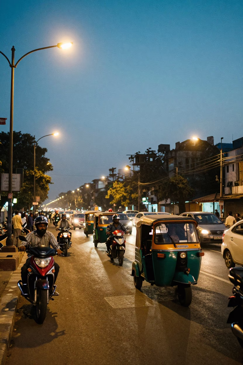 Delhi India Evening Street Scene with Traffic and City Lights Glowing in in Delhi, India