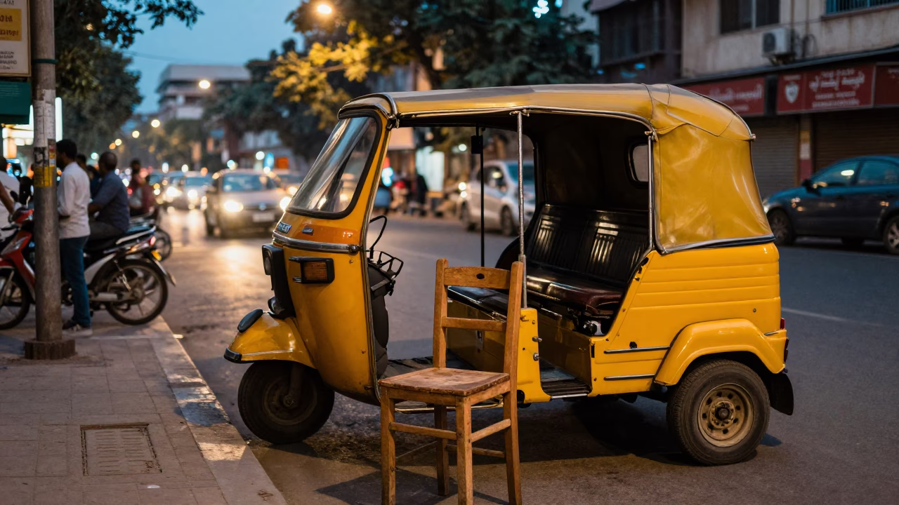 Delhi India Evening Street Scene with Yellow Auto Rickshaw and Electric Chair in in Delhi, India