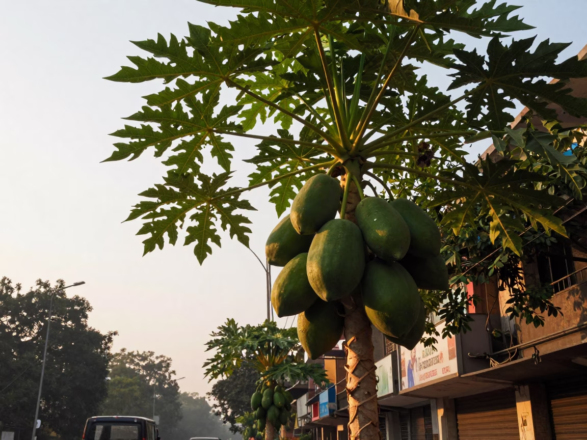Delhi India First Light Dawn Papaya Tree Fruit and Watering Jug Street Scene in in Delhi, India