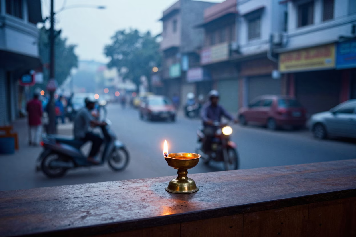 Delhi India First Light Dawn Street Scene with Traditional Oil Lamp and Morning Activity in in Delhi, India