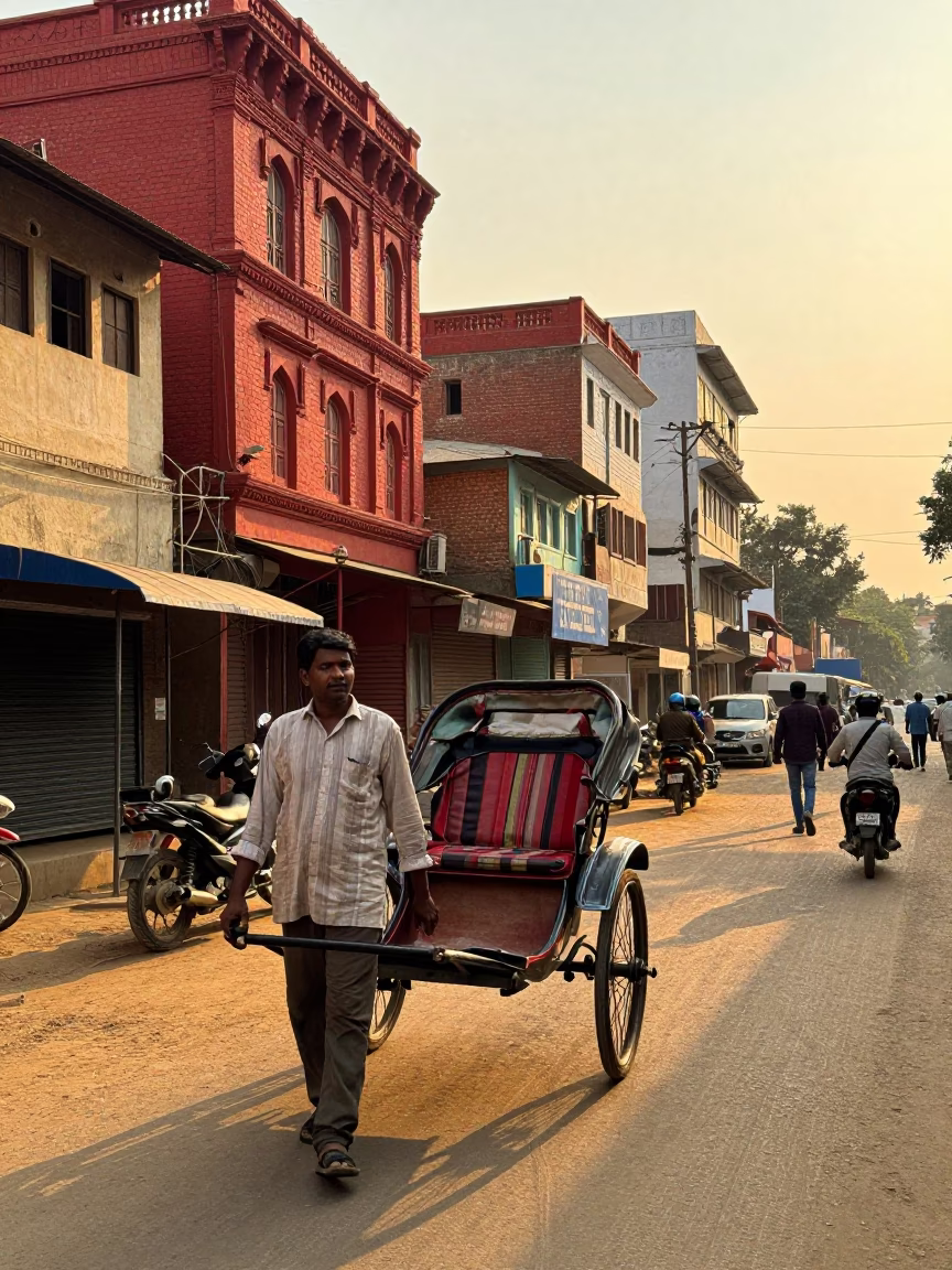 Delhi India Golden Hour Street Scene with Local Vendor and Vintage Rikshaw in in Delhi, India