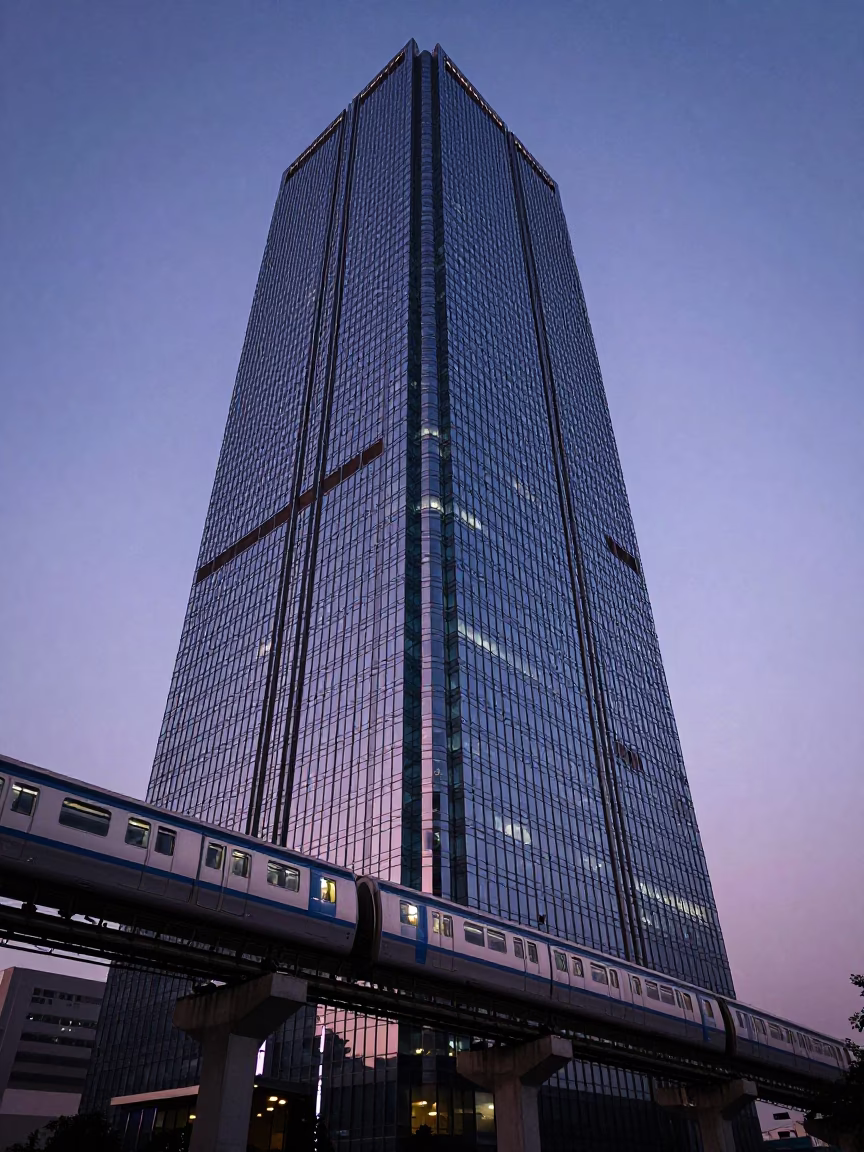 Delhi India Indigo Twilight Monorail Reflection on Glass Skyscraper and Street Life in in Delhi, India