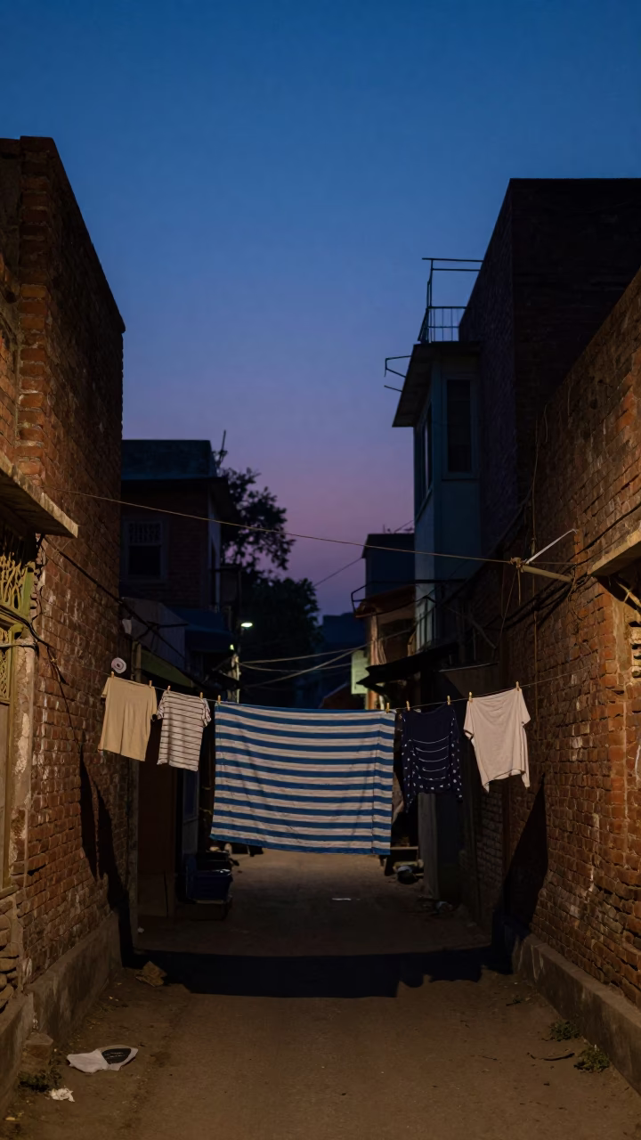 Delhi India indigo twilight street scene with clothesline and striped towel in in Delhi, India